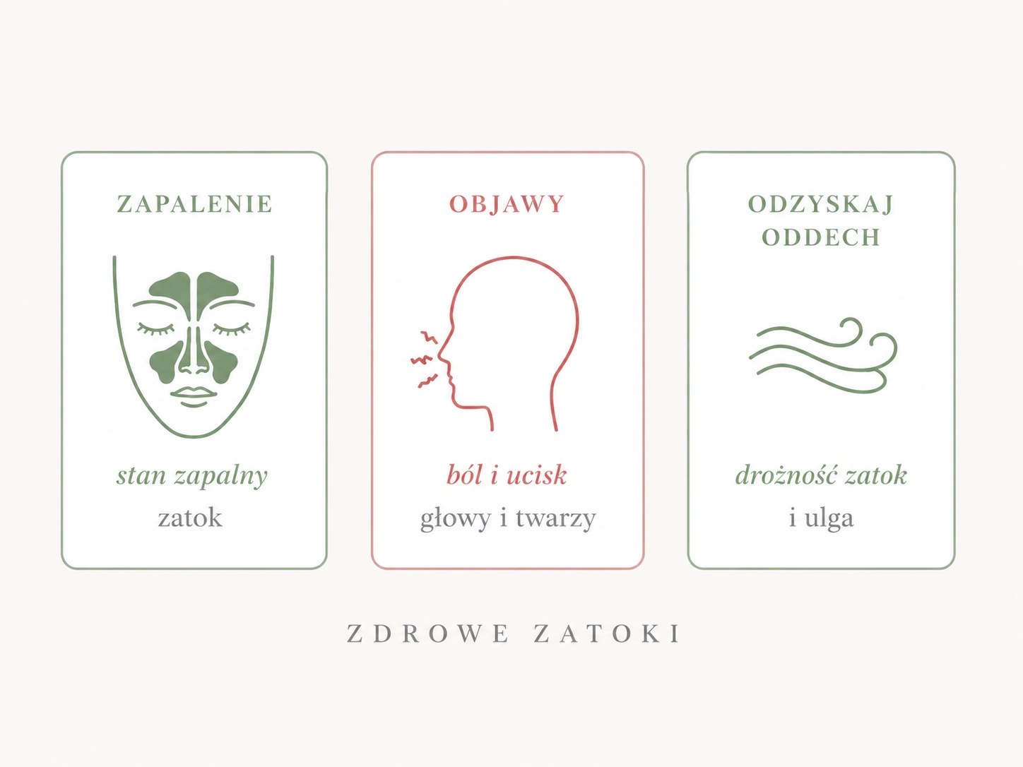 Zdrowe zatoki — ilustracja przedstawiająca zapalenie, objawy i ulgę